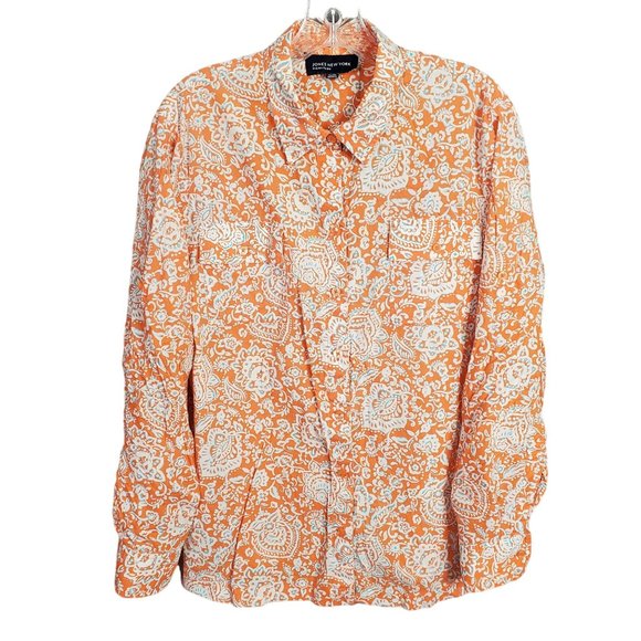 JNY Signature Sz XL Blouse Button Front Floral Roll Tab Cotton Side Vents Orange - Picture 1 of 14